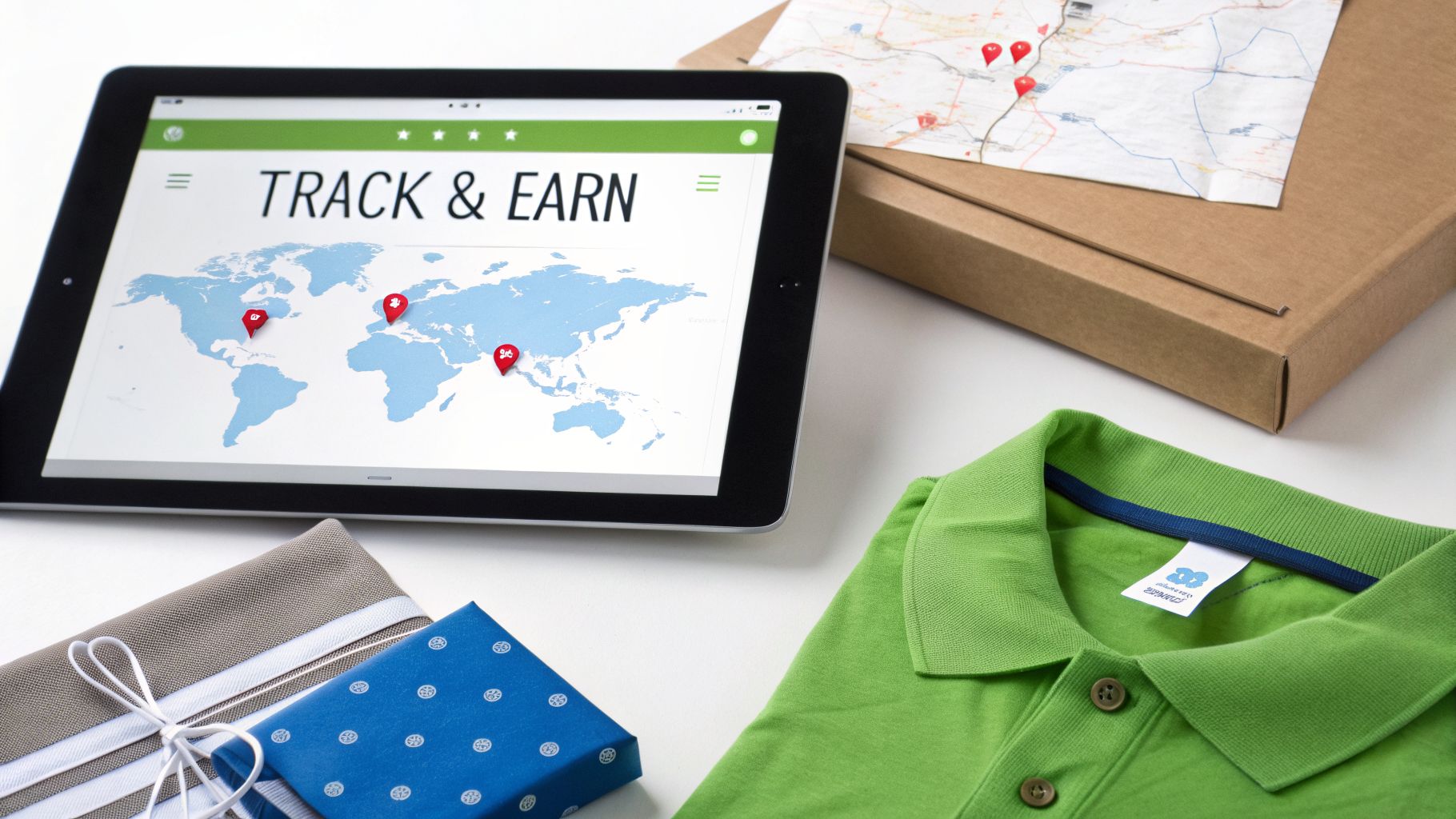 Digital tablet showing world map with tracking pins, alongside a shipping box, green polo shirt, and wrapped gifts.