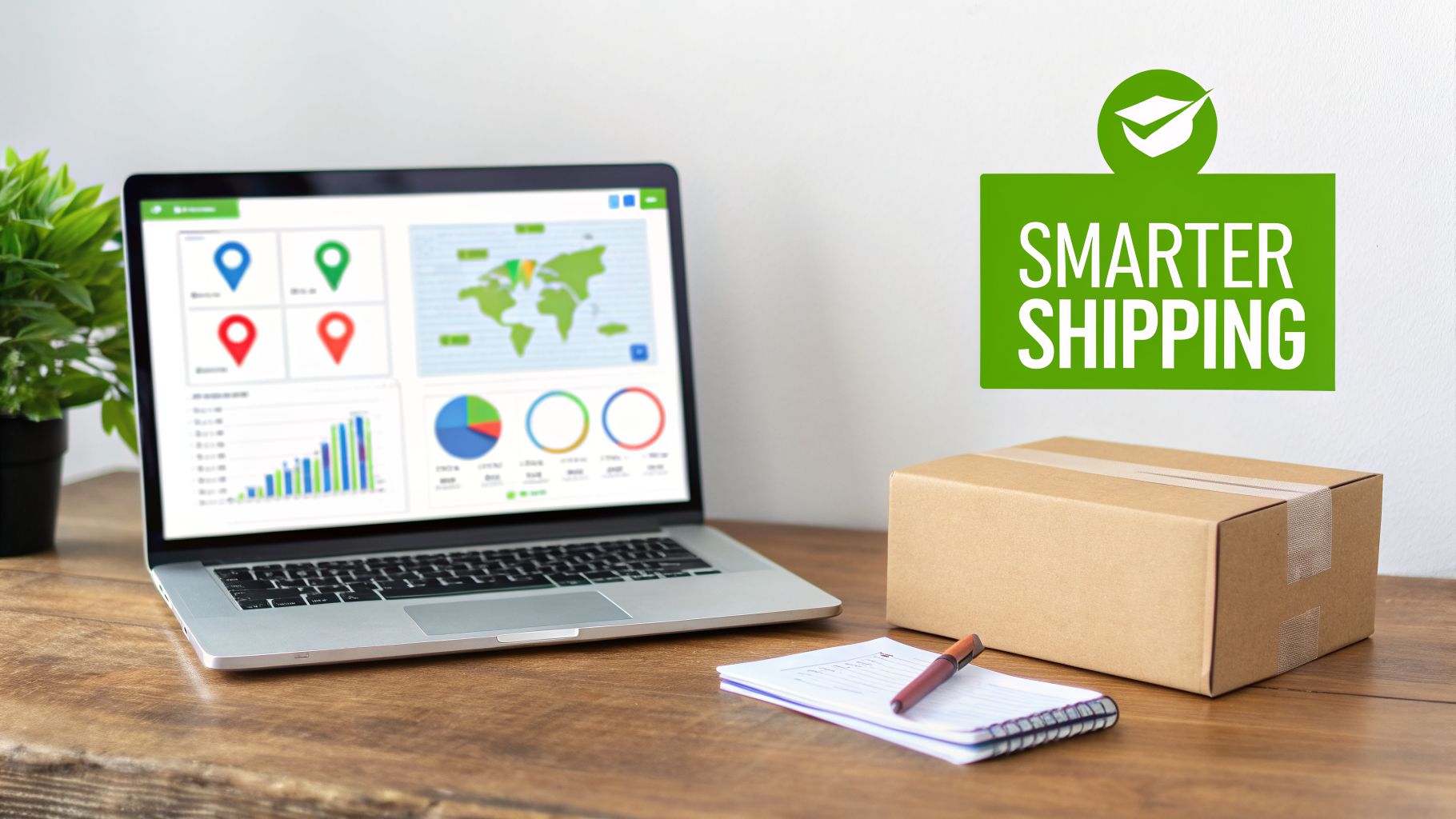 A laptop displaying shipping analytics and a world map next to a cardboard box and notebook, with a 'Smarter Shipping' sign.