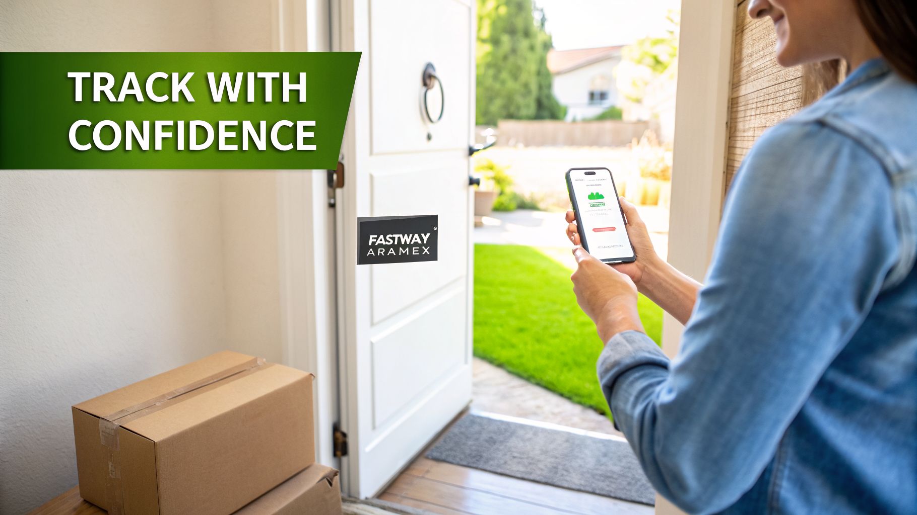 A person checks their phone's tracking app for a delivered Fastway Aramex package at their doorstep.