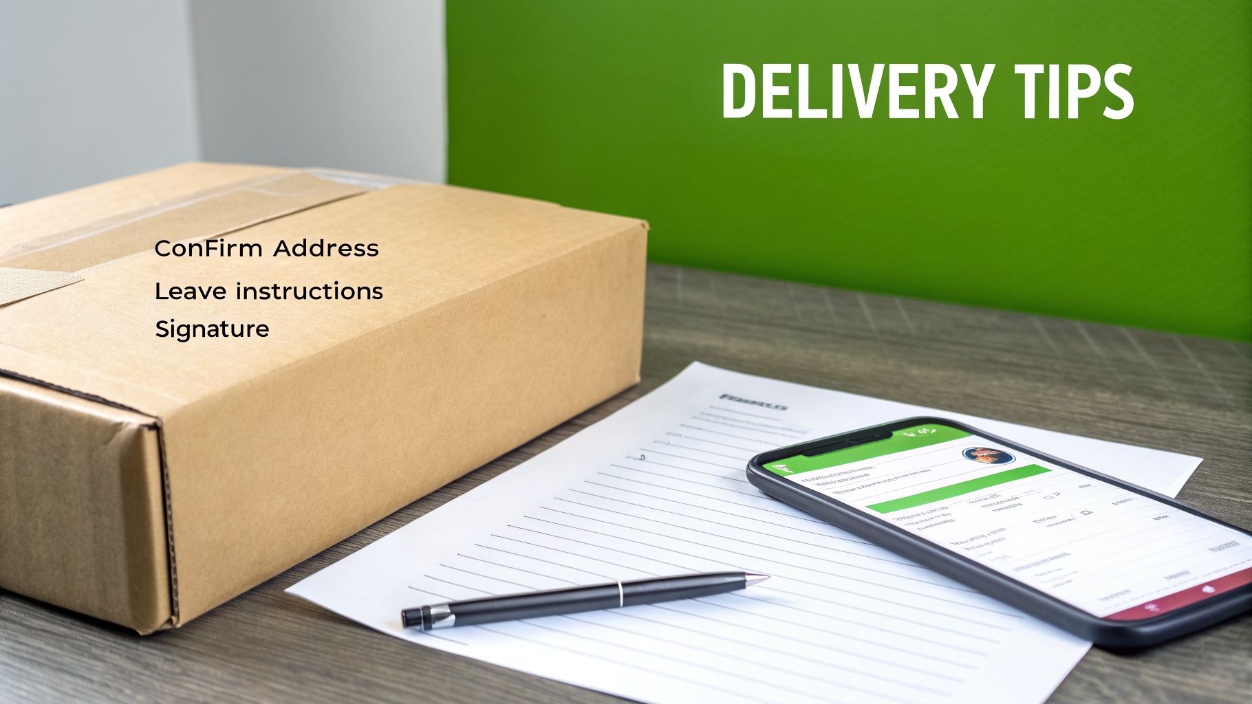 A brown delivery box, smartphone with tracking app, pen, and papers, with 'DELIVERY TIPS' text.