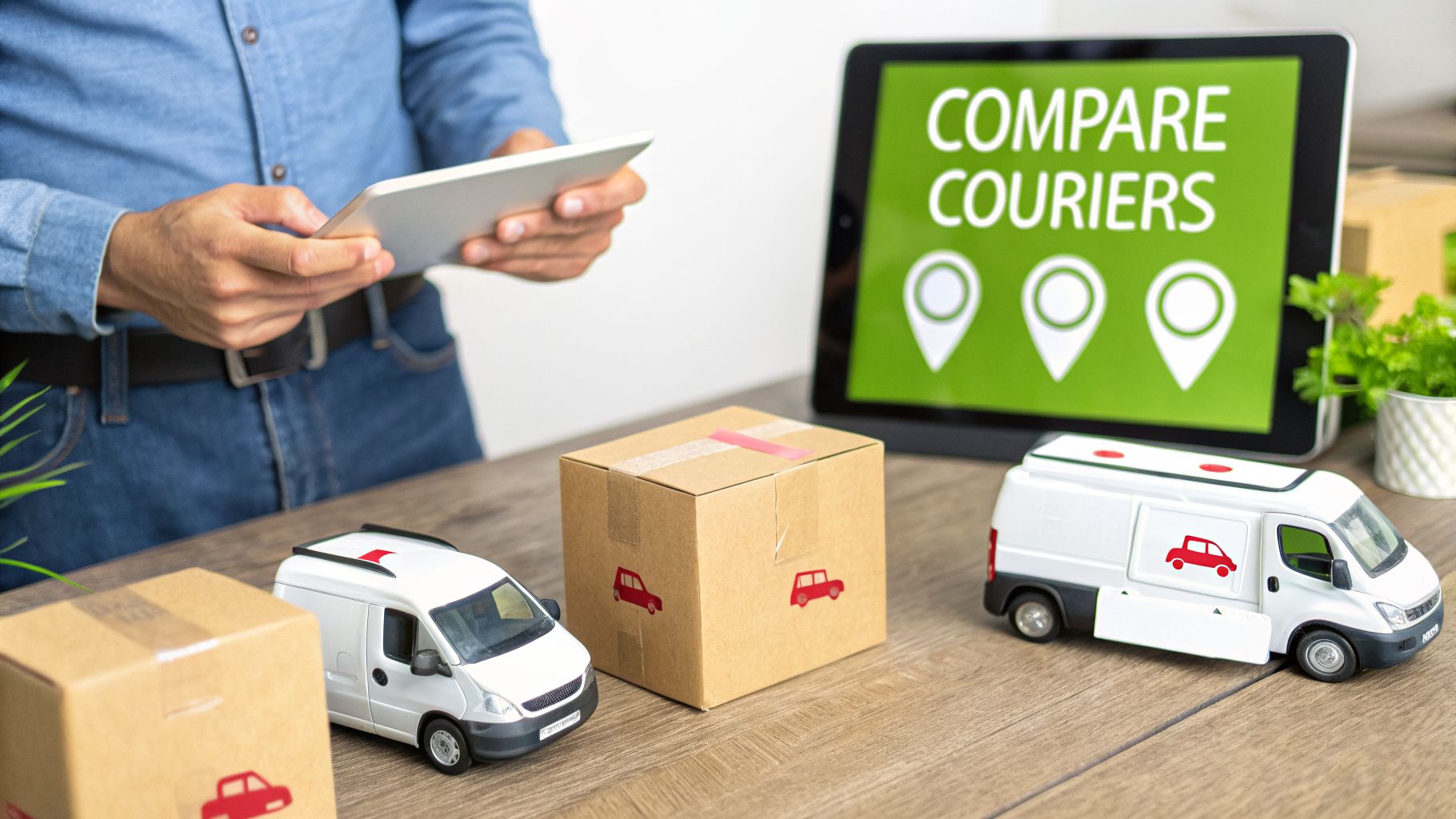 A person compares courier services on a tablet with toy delivery vans and boxes on a table.