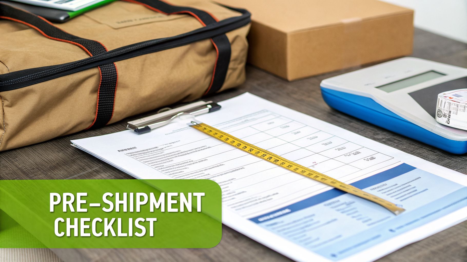 Pre-shipment checklist with shipping bag, box, scale, ruler, and packing tape on a wooden table.