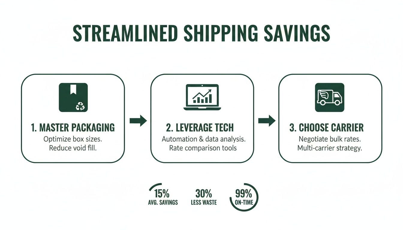 Infographic detailing a three-step process for optimizing shipping, including packaging, technology, and carrier choice, for savings.