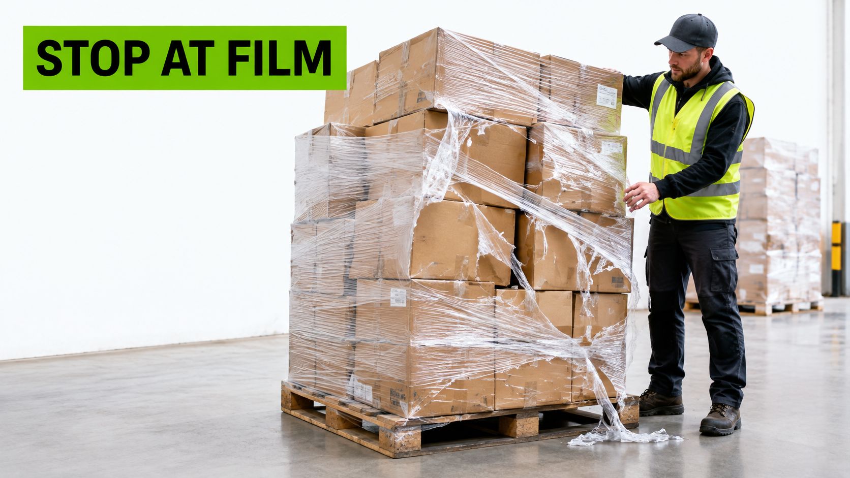 A warehouse worker in high-visibility gear secures a pallet of stacked cardboard boxes with stretch wrap film.