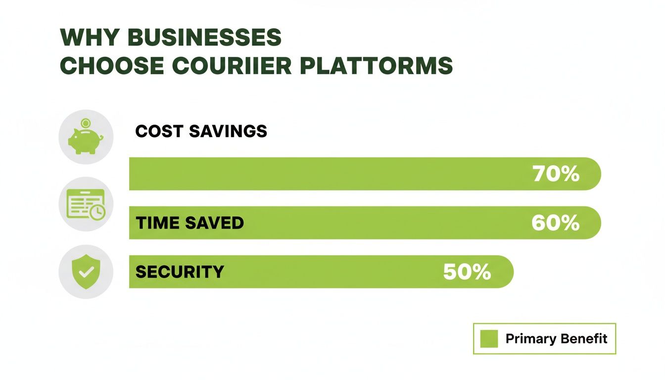 Bar chart: 70% choose courier platforms for cost savings, 60% for time saved, 50% for security.