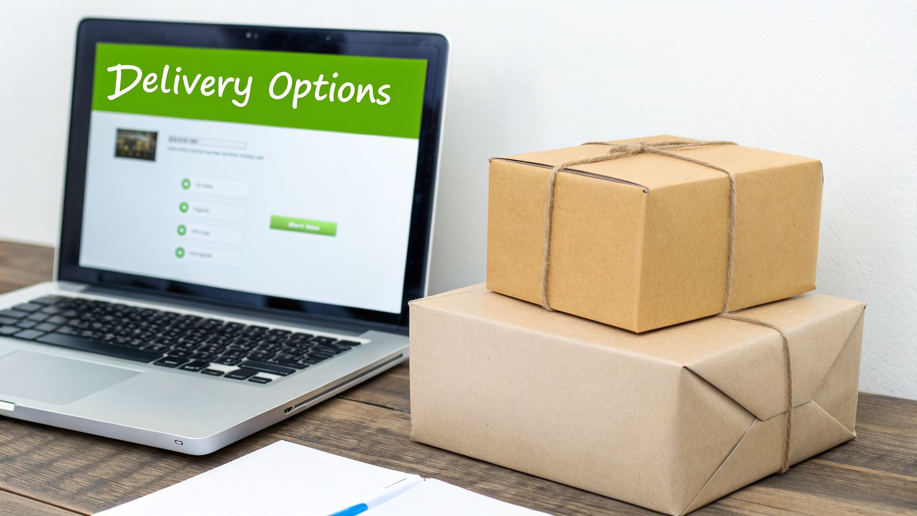 A laptop displaying 'Delivery Options' on screen, next to two stacked brown cardboard boxes.