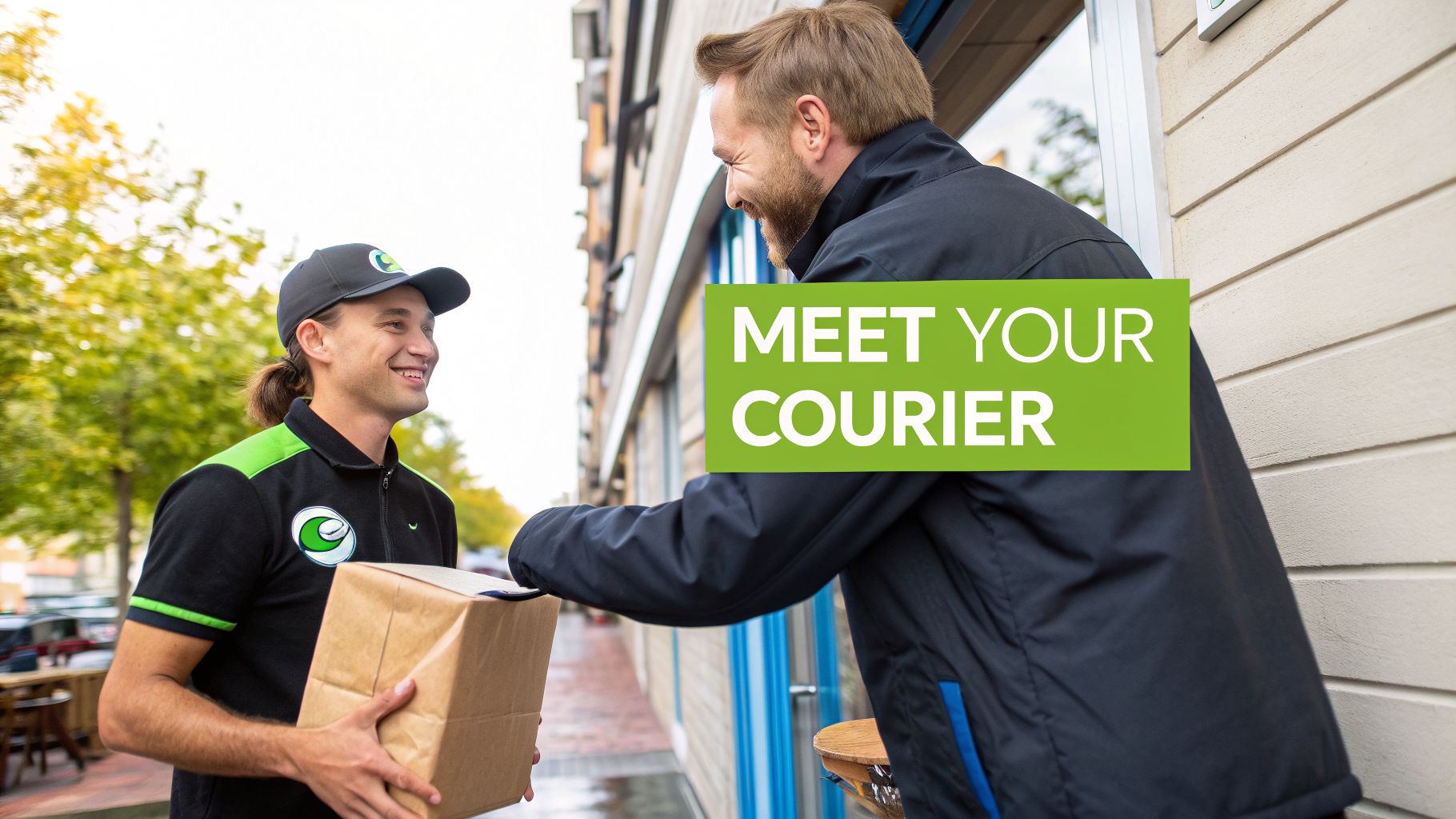 A smiling courier in uniform delivers a brown package to a happy customer at their doorstep.