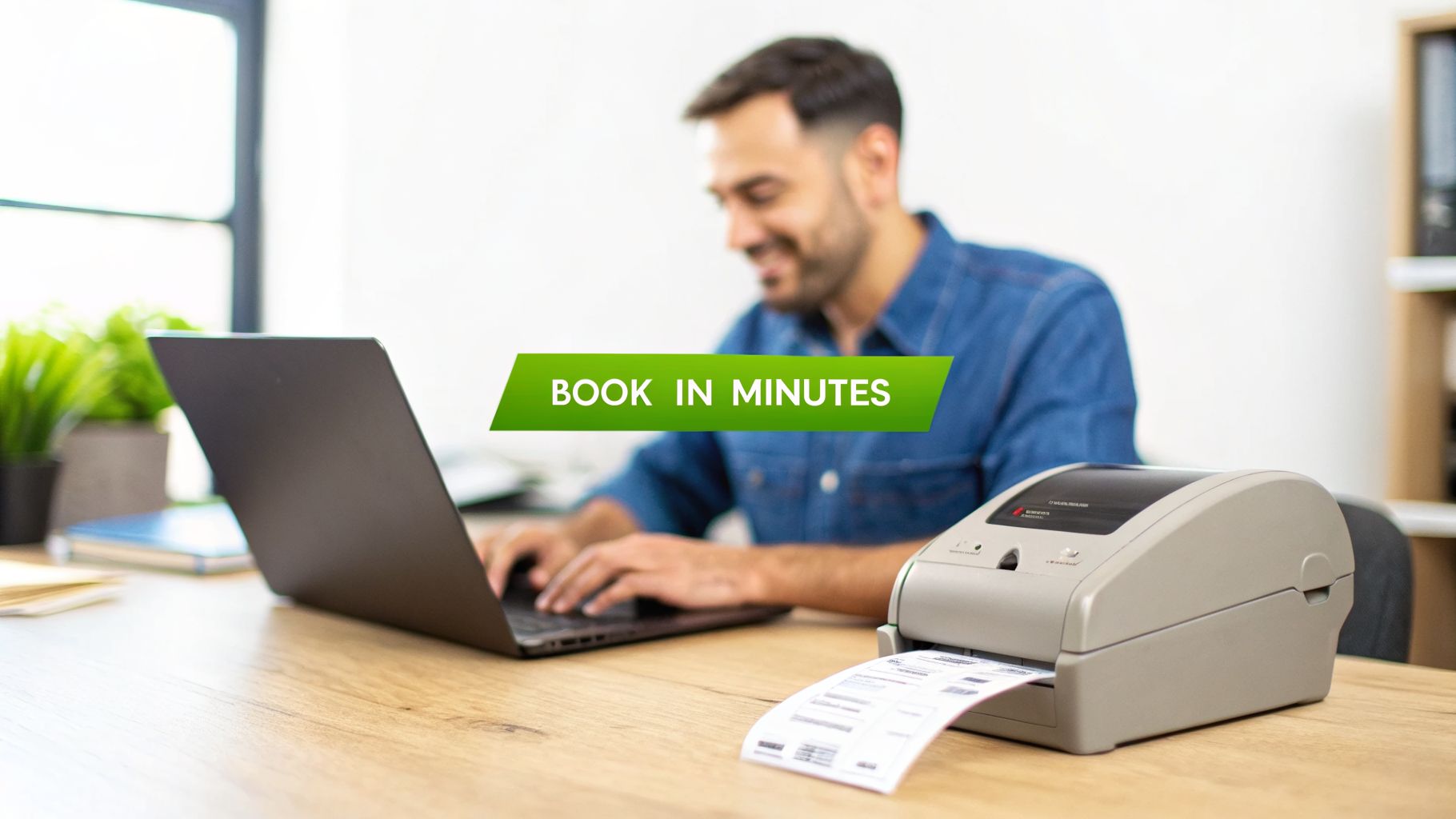 A smiling man types on a laptop while a label printer processes a booking in minutes.