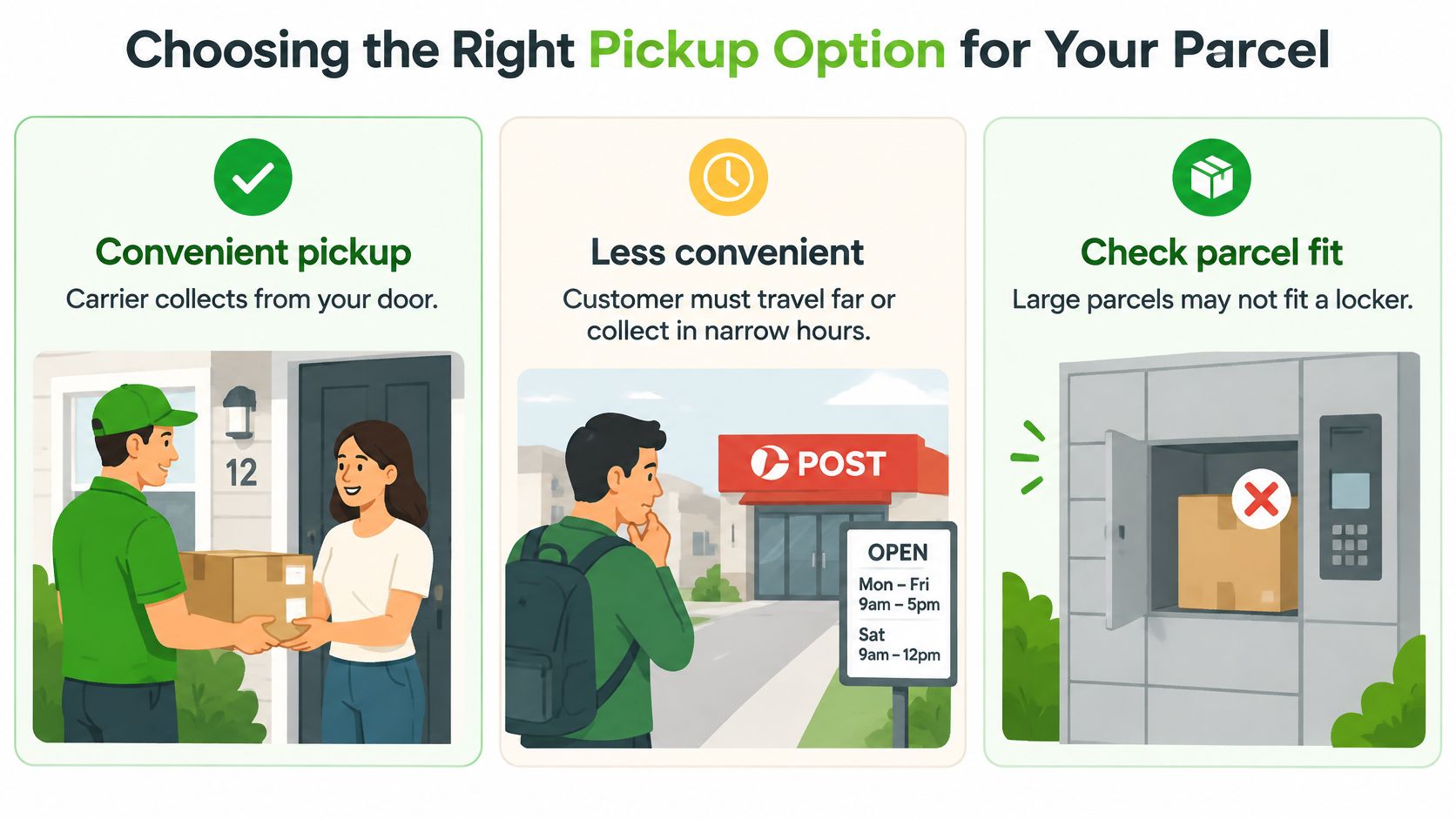 A graphic explaining parcel pickup options, comparing home delivery with courier collections versus visiting a post office.