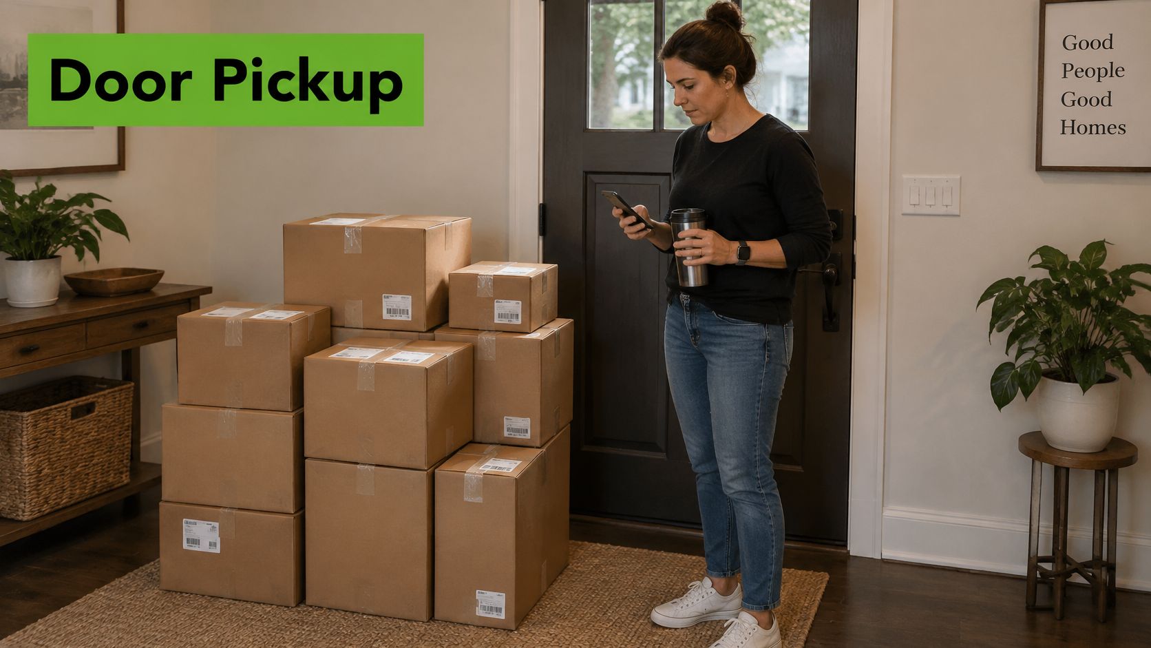 A woman checking her smartphone next to a stack of shipping boxes prepared for parcel pickup service.