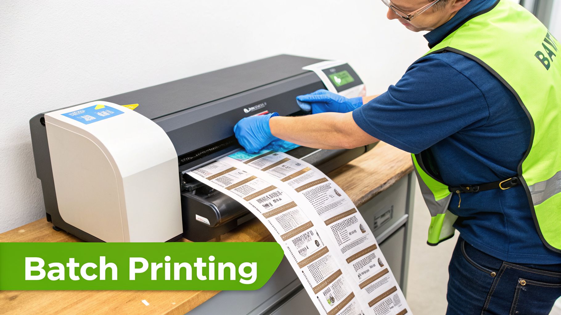 A worker in blue gloves operates a label printer, producing a continuous roll of postage labels.