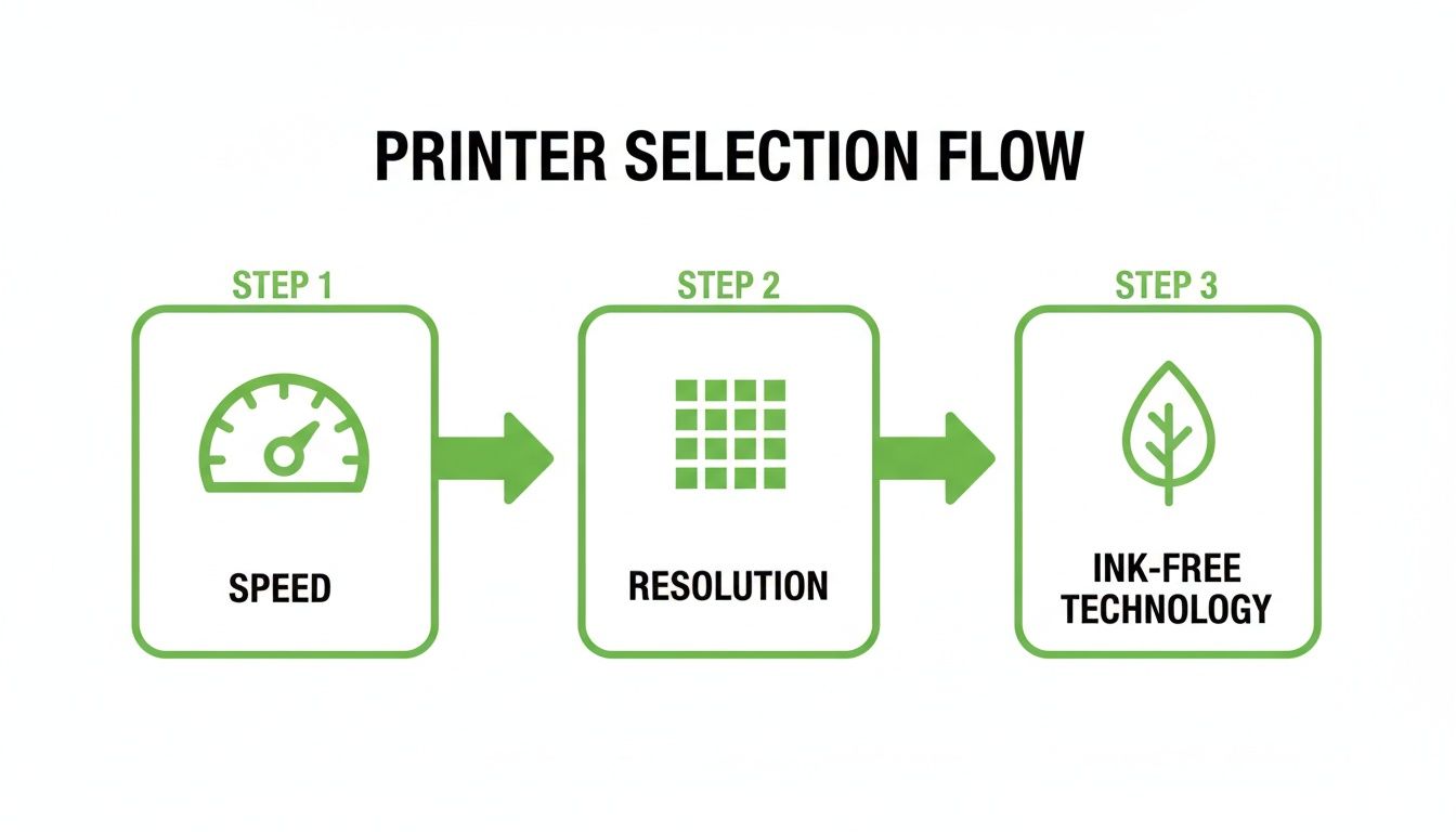 Flowchart illustrating three steps for printer selection: speed, resolution, and ink-free technology.
