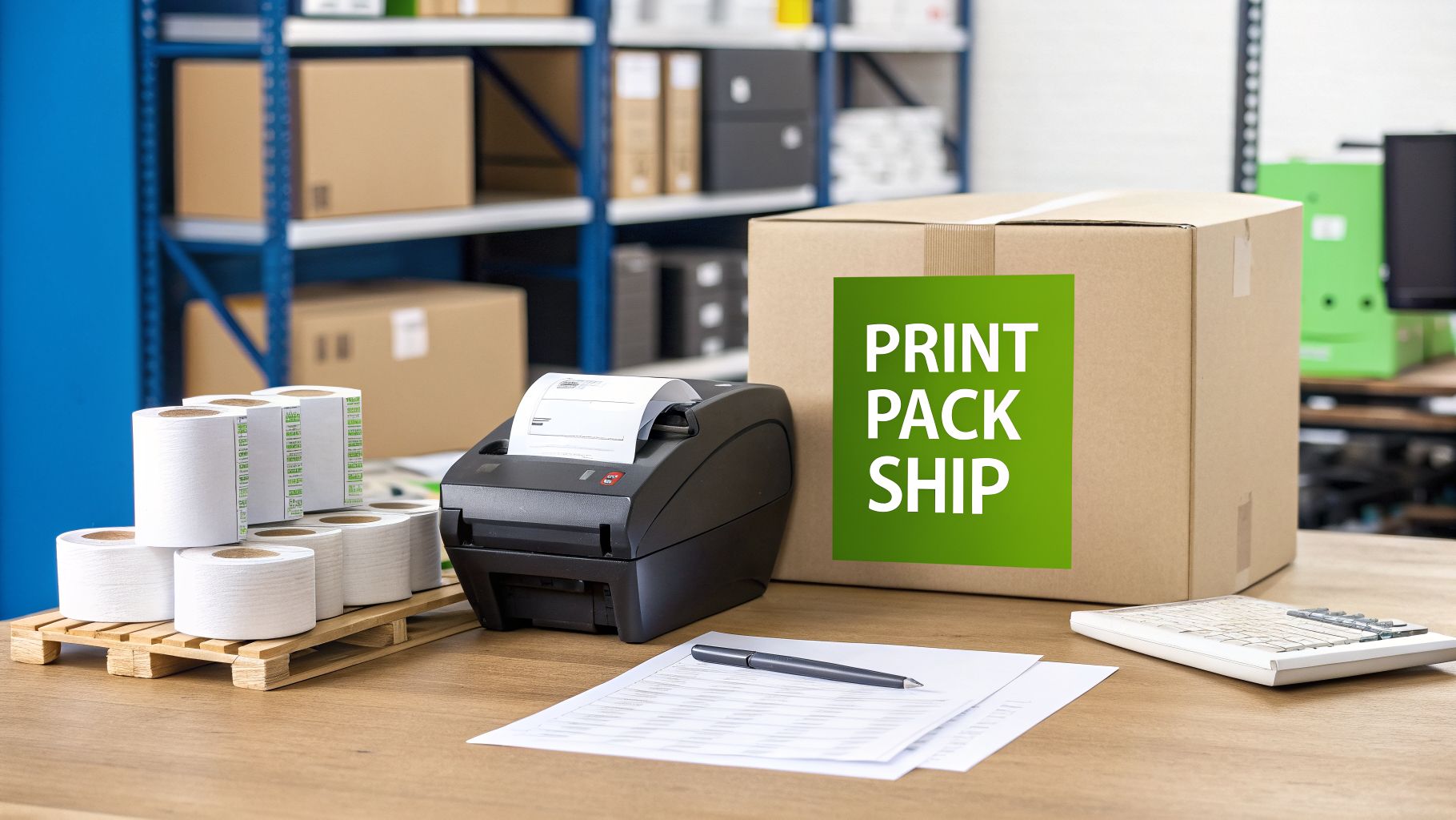 A postage label printer, rolls of white labels, and a shipping box with 'PRINT PACK SHIP' text on a desk.