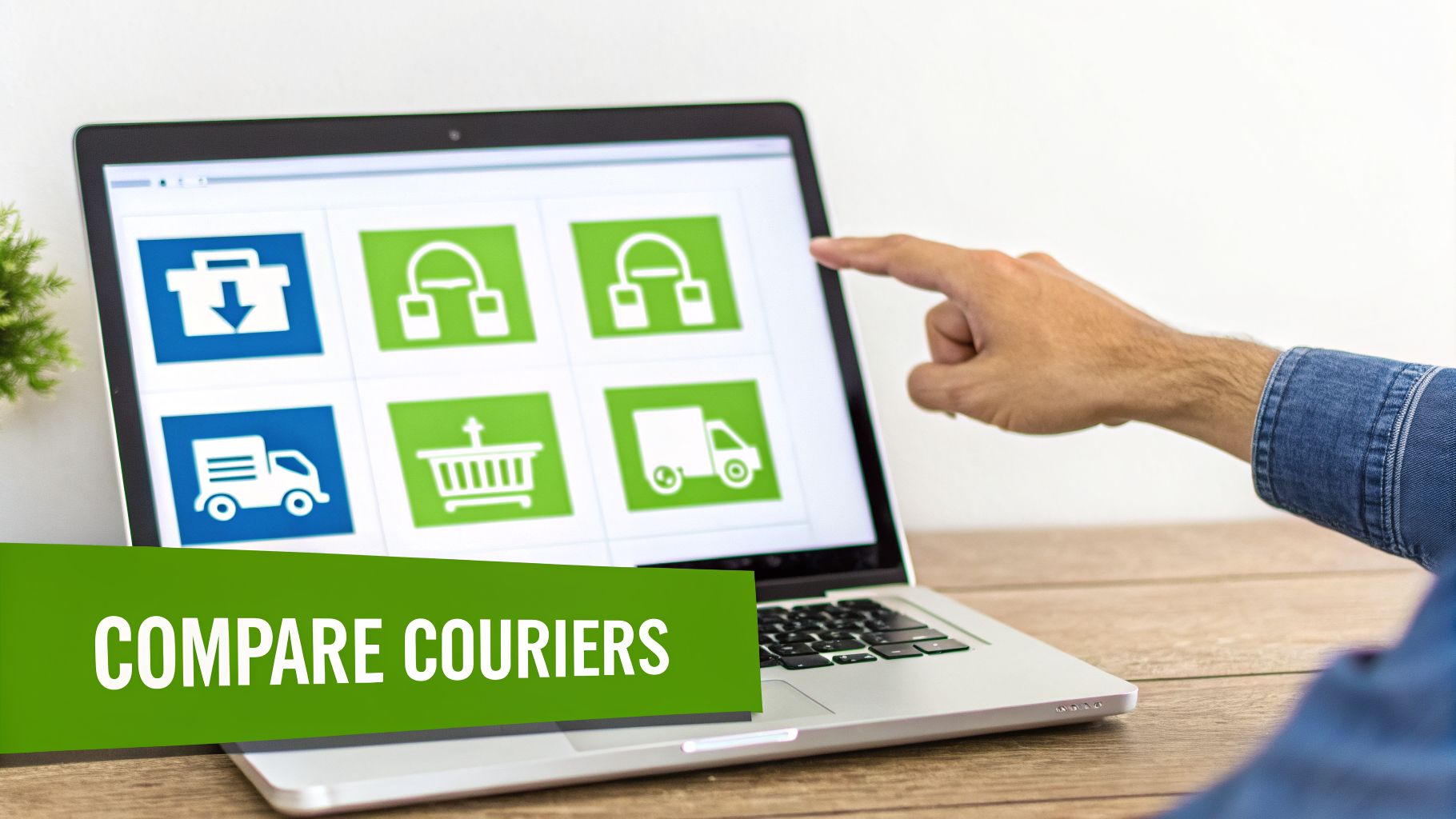 A person's hand points at a laptop screen displaying courier service icons and a 'COMPARE COURIERS' banner.