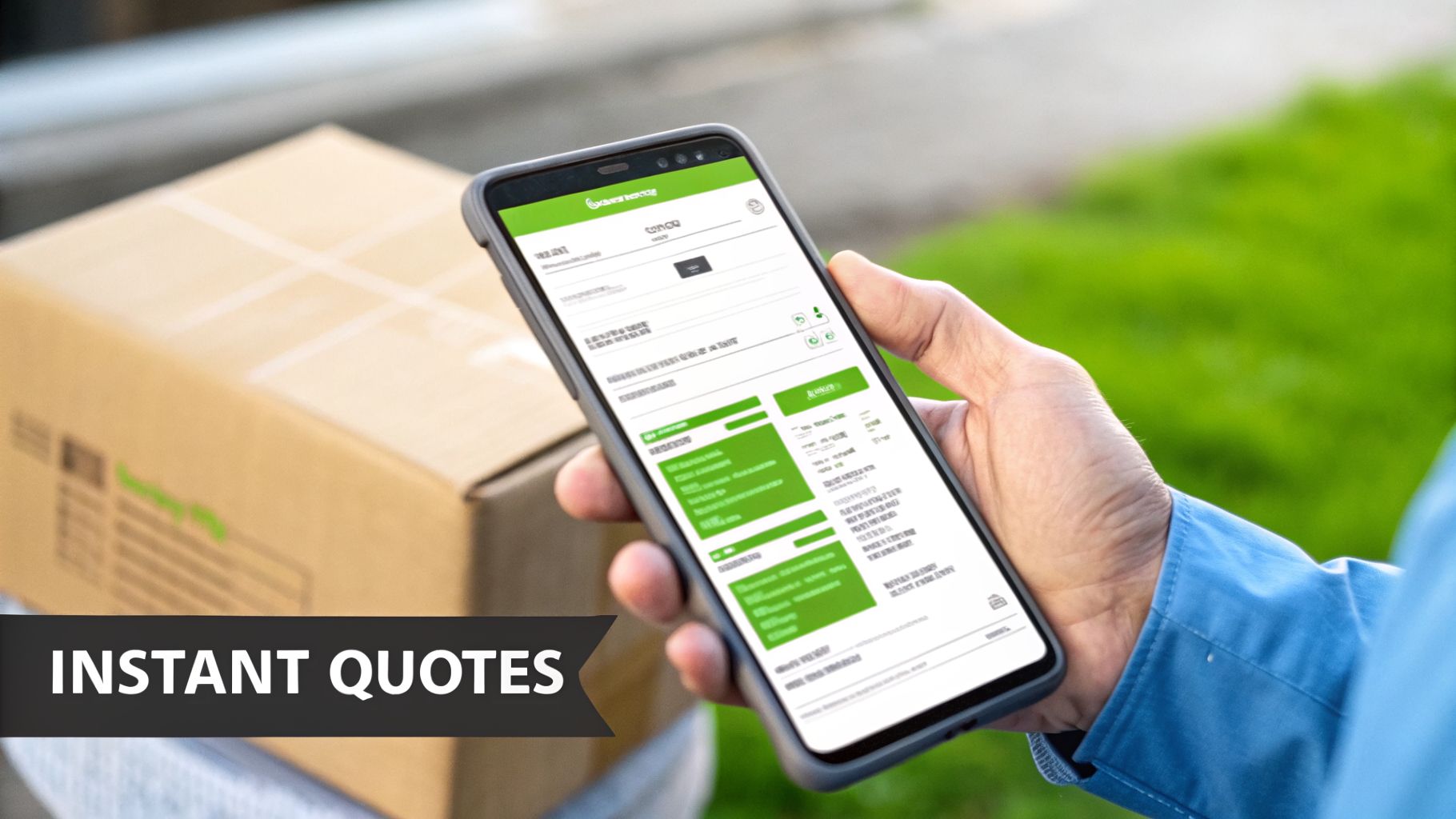 A hand holds a smartphone displaying a delivery service app with instant quotes, next to a cardboard box.