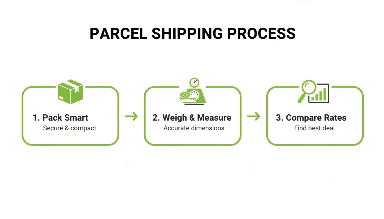Infographic detailing the parcel shipping process: pack smart, weigh & measure, compare rates for delivery.