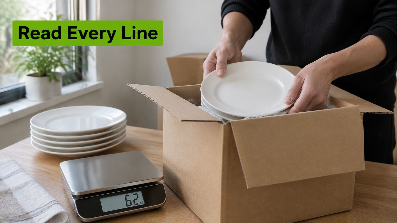 A person carefully packing white ceramic plates into a cardboard shipping box for transport.