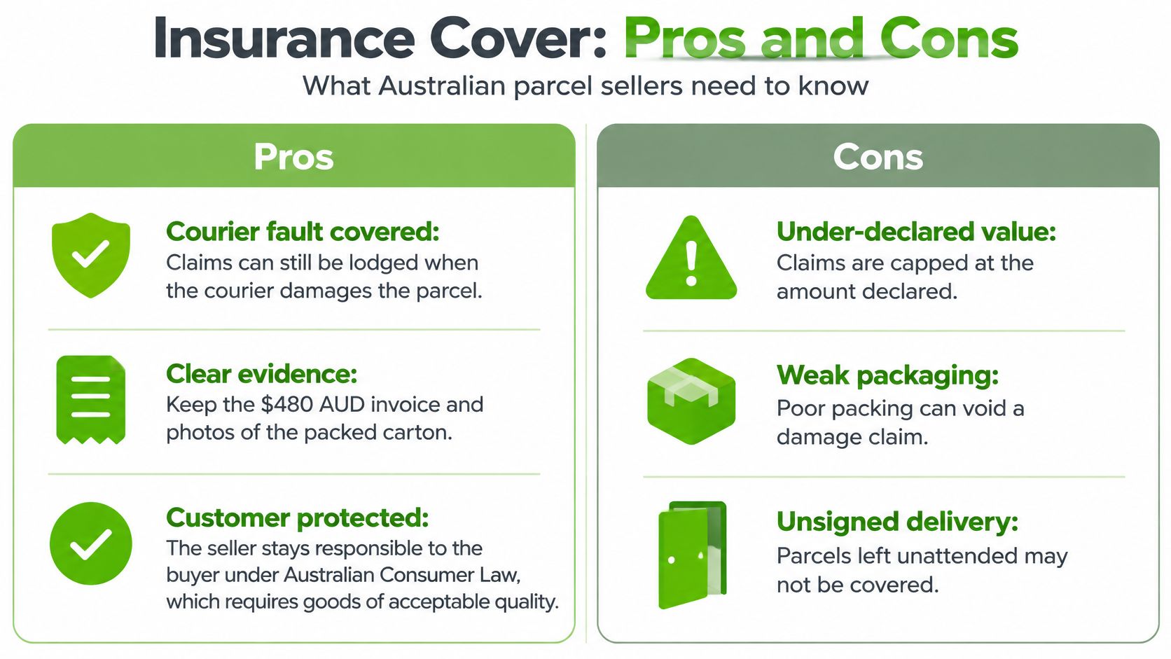 A visual guide summarizing the pros and cons of parcel insurance coverage for Australian online sellers.