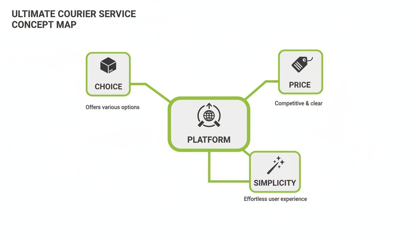 A concept map showing an ultimate courier service platform with choice, price, and simplicity as key features.