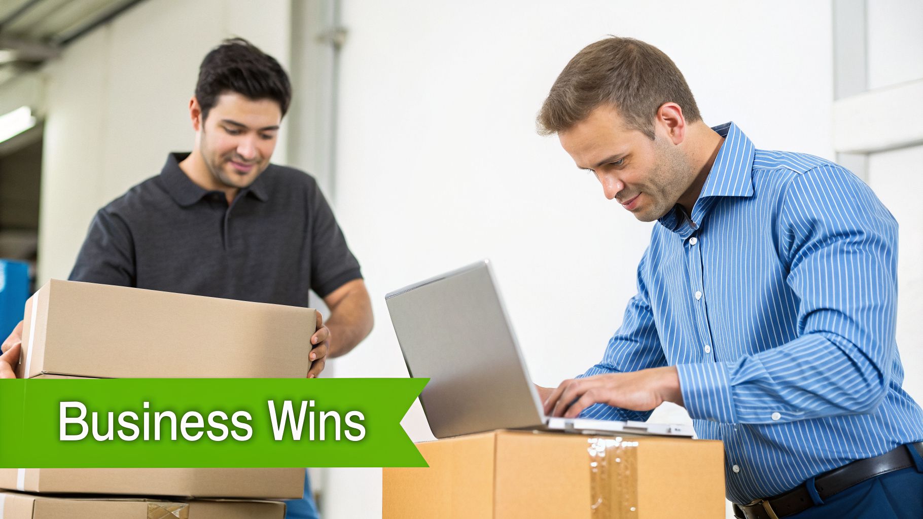 Two men manage logistics with cardboard boxes and a laptop, symbolizing business wins.