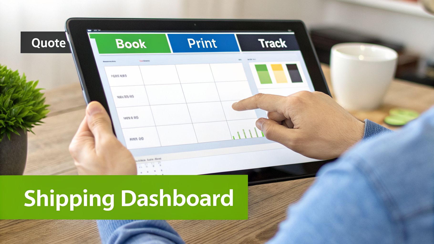 A person uses a tablet displaying a shipping dashboard for managing quotes, booking, printing, and tracking shipments.