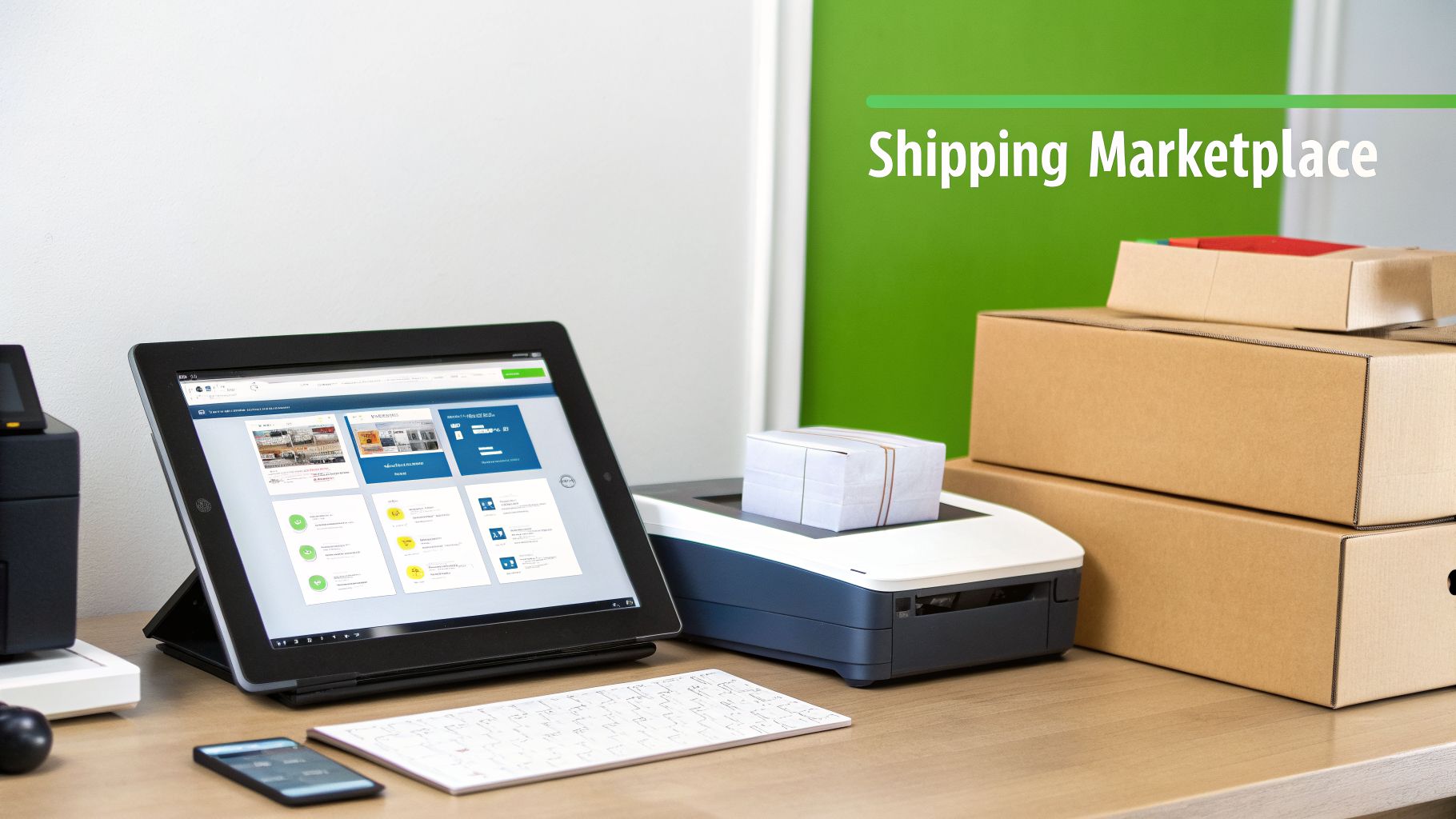 A modern desk setup featuring a tablet displaying a shipping marketplace, a printer, and cardboard boxes.