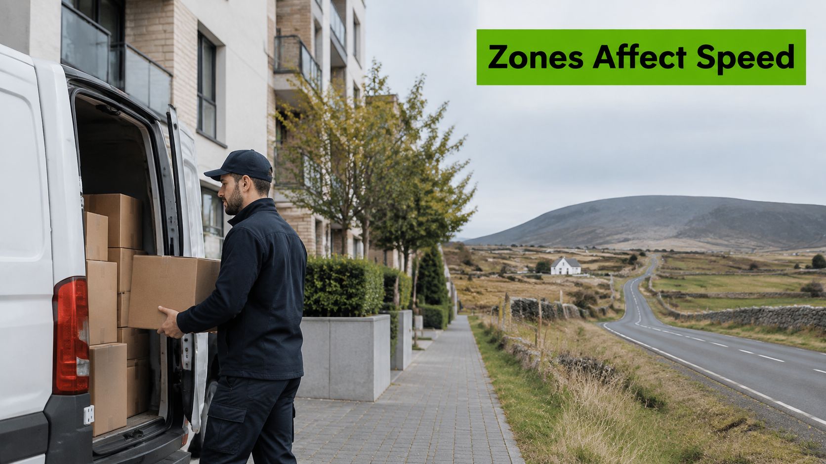 A delivery driver in uniform taking a cardboard package out of the back of a delivery van.