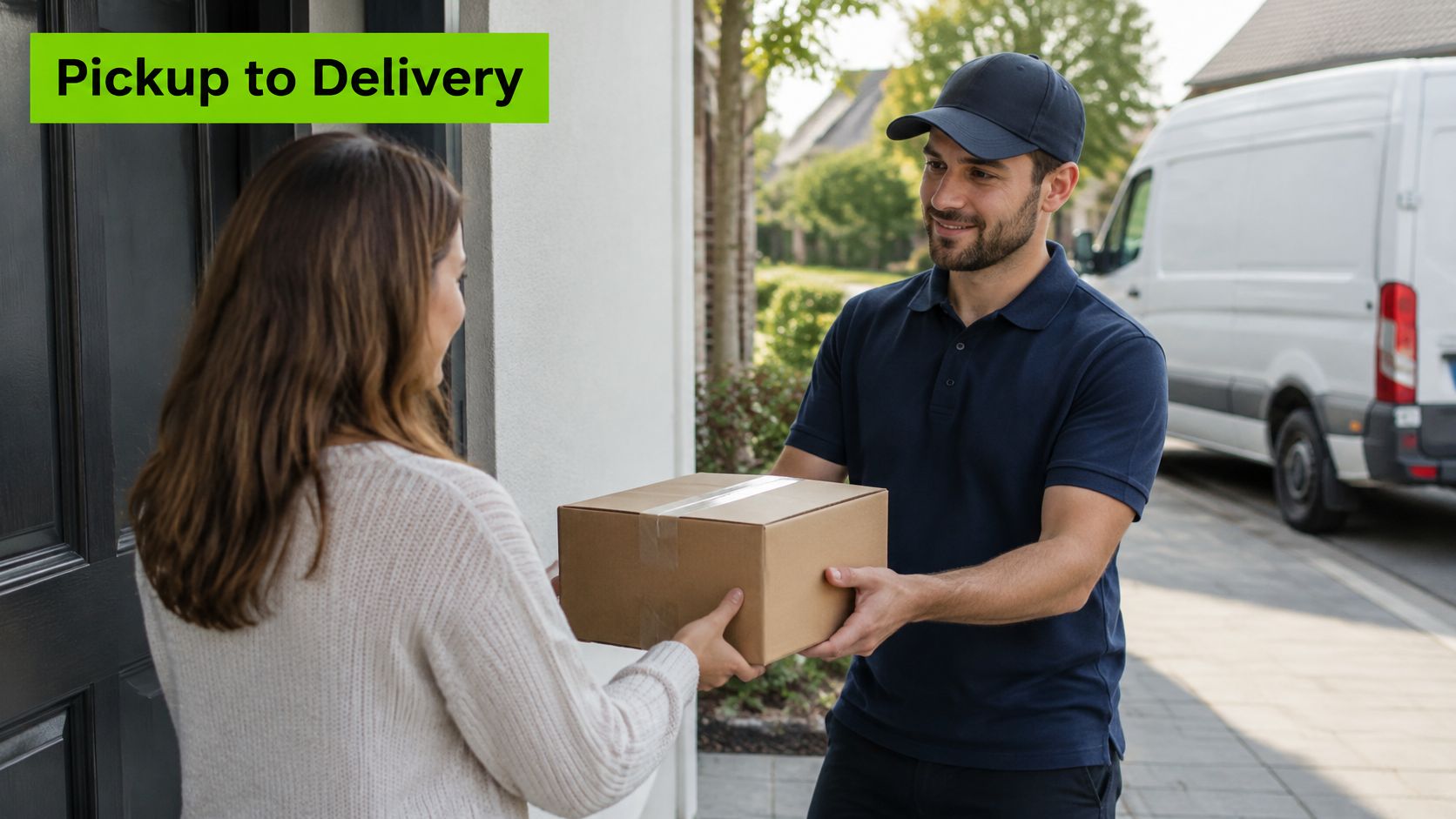 A friendly delivery driver handing a cardboard package to a woman at her front door.