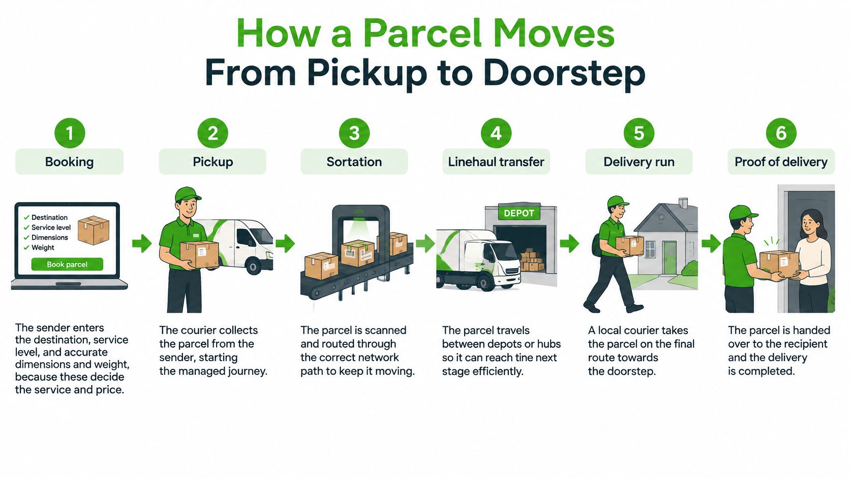 An infographic illustrating the six steps of a parcel journey from initial booking to final delivery.